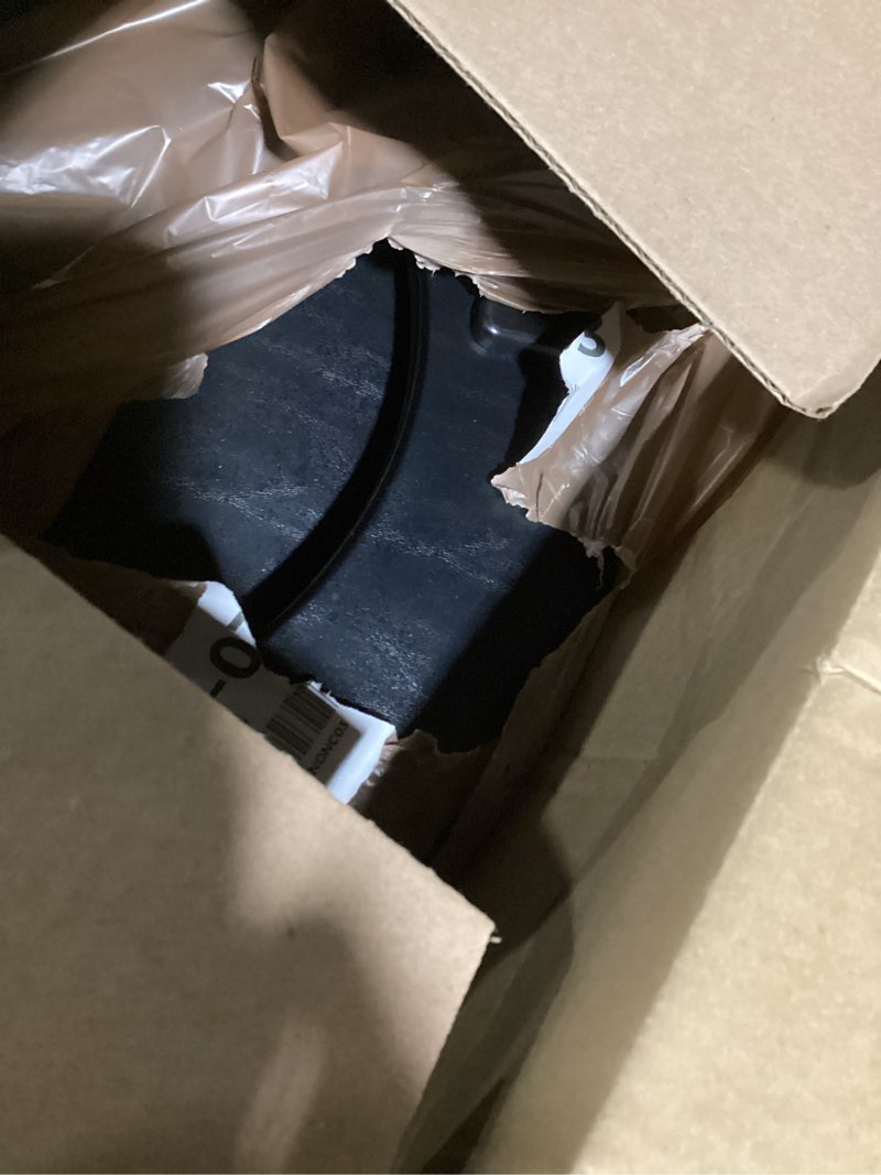 Condition photo showing Good Condition for mayfair padded toilet seat, cushioned soft vinyl over wood core seat, secure hinges, easy clean, made in usa, round, black round black toilet seat
