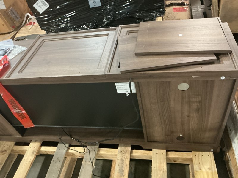 Condition photo showing As Is for allen + roth 72-in W Brown Walnut TV Stand with Infrared quartz Flat Wall Electric Fireplace with