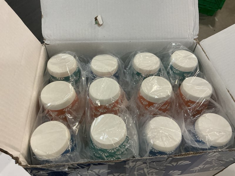 Condition photo showing New/Like New for jollypack 1200 pack 3 oz disposable bathroom paper cups, small mouthwash cups in orange, blue, and green, great for candy, biscuits, bathroom use, parties, picnics, and travel