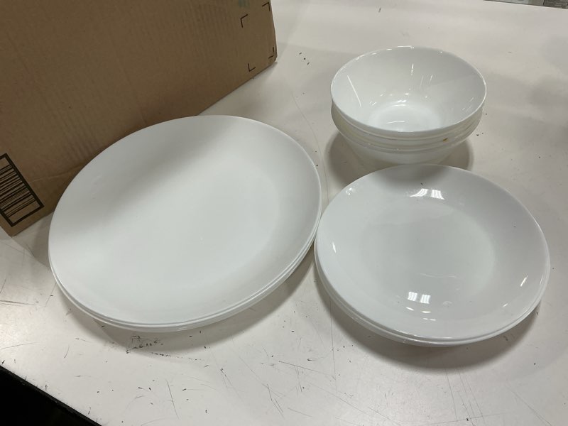 Condition photo showing As Is for corelle vitrelle 18-piece service for 6 dinnerware set triple layer glass and chip resistant, lightweight round plates and bowls set, winter frost white