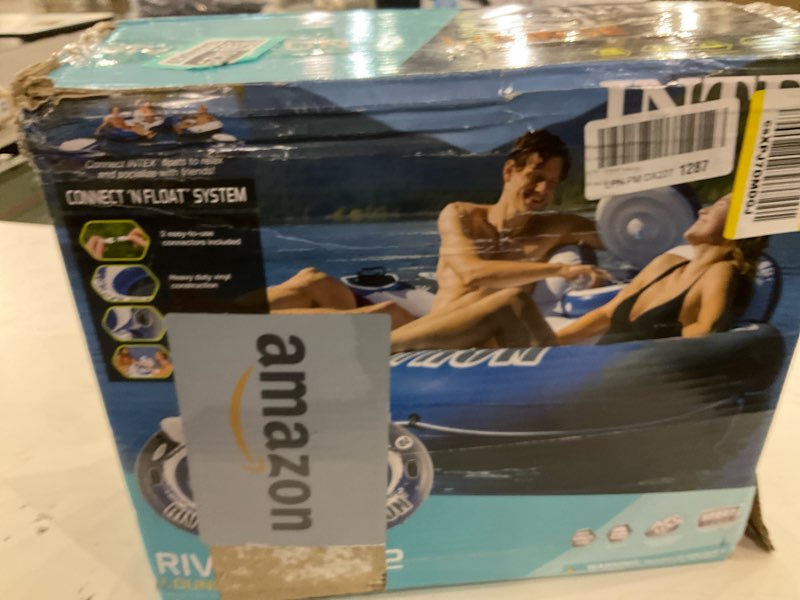 Condition photo showing New/Like New for Intex 58837EP River Run 2 Inflatable Floating Lounge: Comfortable Backrests – Built-in Cup Holders – Cooler with Lid – 2 Person – 440lb Weight Capacity River Run 2 Blue
