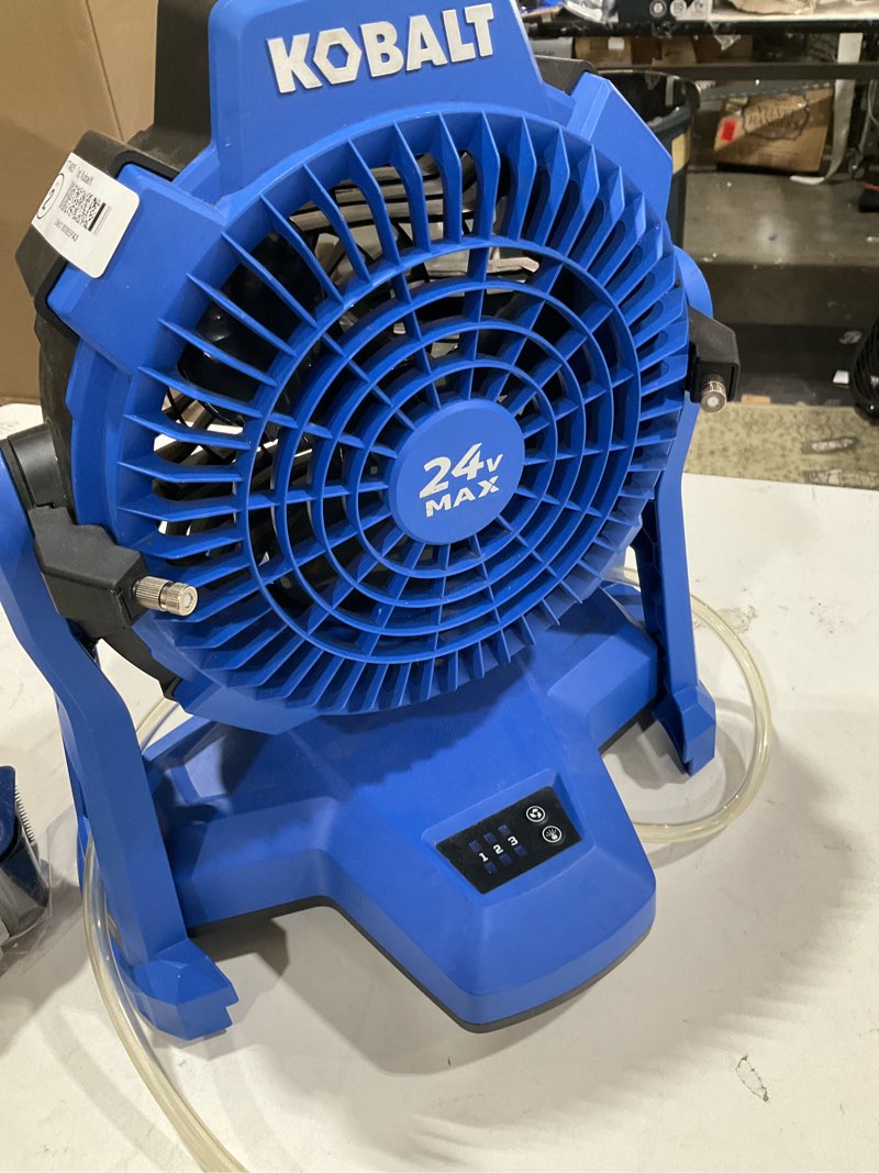 Condition photo showing As Is for kobalt 7-in high velocity indoor/outdoor misting floor fan, battery powered, in blue