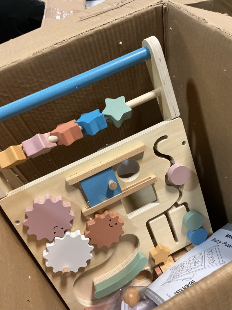 Condition photo showing Good Condition for montessori safe wooden baby walker, adjustable speed baby push walker for girls and boys, morandi activity center toy for kids' development, ideal gift for toddlers