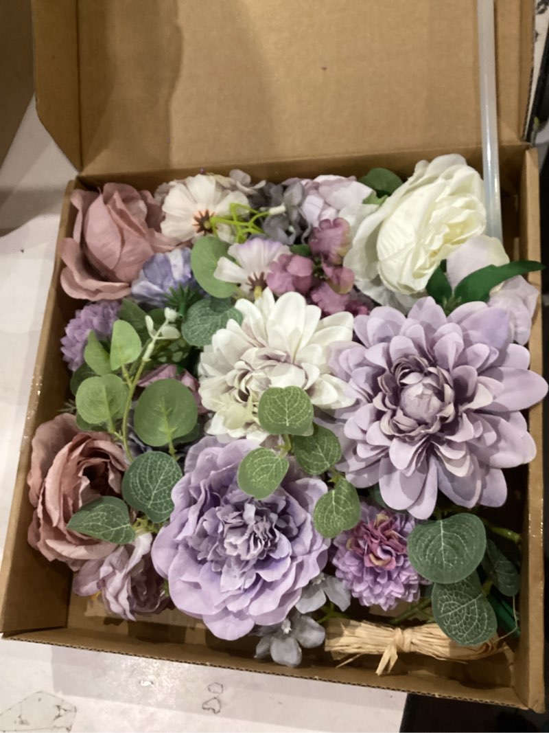 Condition photo showing Good Condition for floweroyal artificial flowers combo purple flowers mix silk flowers dahlia roses with stems for diy wedding bridal bouquets, baby shower, floral arrangement, table centerpieces, home decorations.