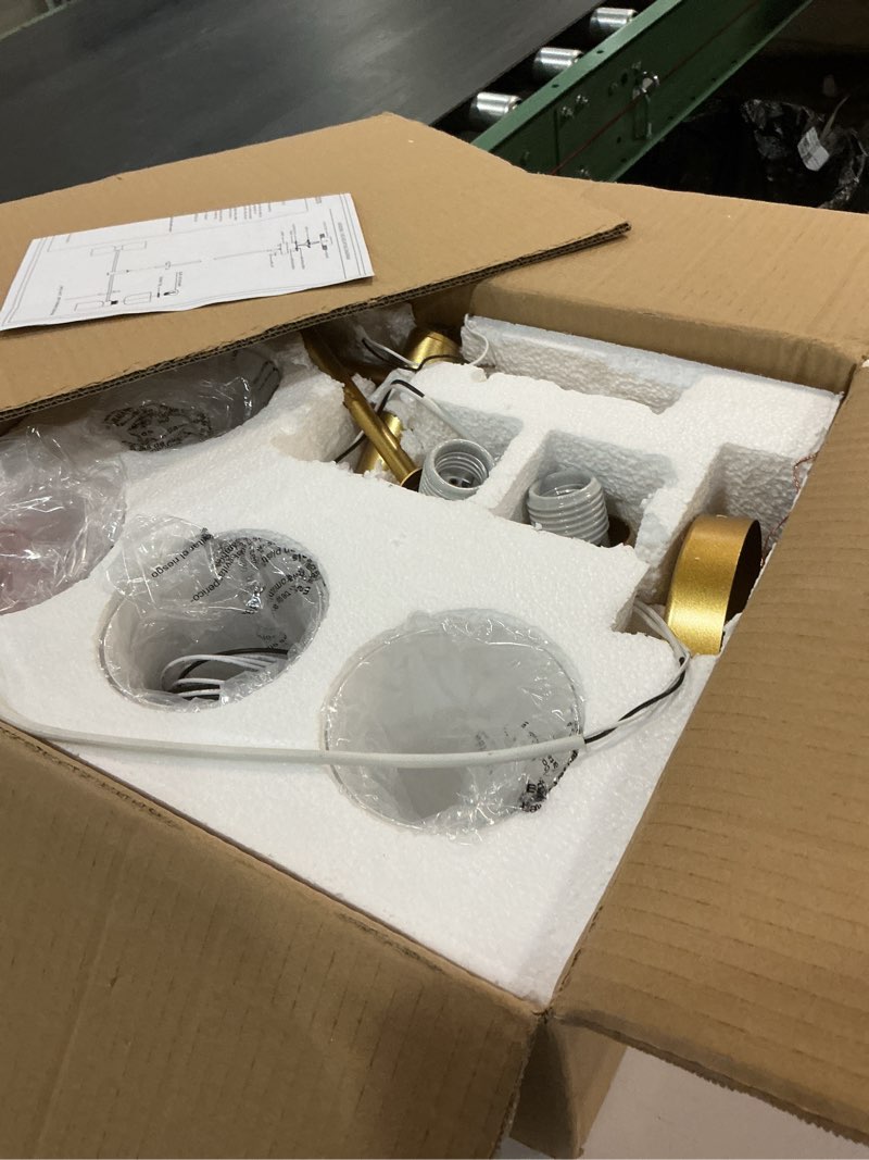 Condition photo showing Good Condition for Modern Linear Chandelier for Kitchen Island, Gold Island Light Fixtures with White Glass Shade, 4-Light Linear Pendant Light Fixture for Dining Room