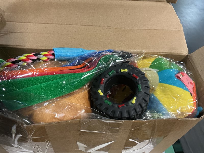 Condition photo showing New/Like New for roundfunny puppy play gym with 9 toys small dogs indoor jungle playground pvc frame with bungee straps for interactive entertainment teething mental stimulation, activity center, 31.5 x 22.6 x 19 inch