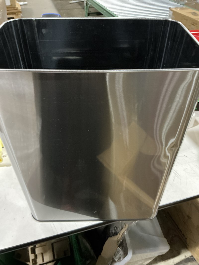 Condition photo showing As Is for itouchless 13 gallon wings-open kitchen trash can with lid and odor filter, stainless steel, dog proof automatic trashcan garbage bin for home office work bedroom living room garage slim wastebasket