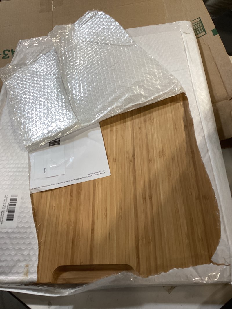 Condition photo showing Good Condition for 24"x18" bamboo cutting boards, xxl charcuterie cheese platter serving tray with handles and juice grooves, solid structure, slim, durable, reversible 24"l x 18"w carbonized