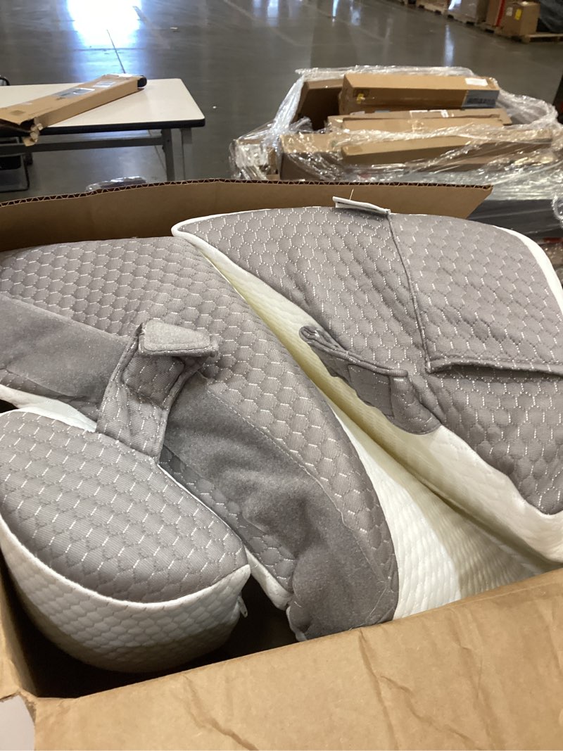 Condition photo showing As Is for bedluxe wedge pillow headboard, 3pcs orthopedic bed wedge pillows set for after surgery, adjustable pillow wedge for acid reflux&back pain relief, sleeping, back pillow for bed sitting up, white/grey white/grey adjustable 9&12 inch + 1 head pillow