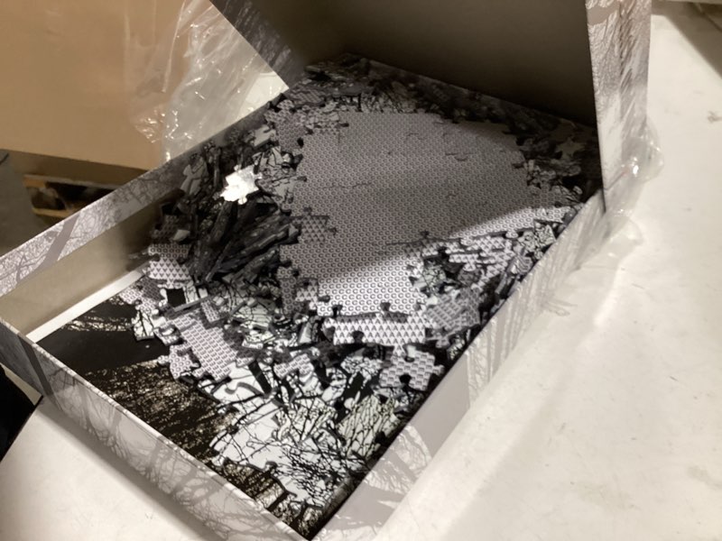 Condition photo showing As Is for bgraamiens puzzle-forest in black and white-1000 pieces creative black and white nature scenery hard puzzle blue board jigsaw puzzle