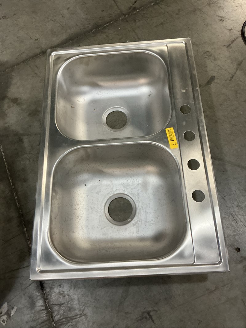 Condition photo showing As Is for 33 in. drop-in double bowl 22-gauge stainless steel kitchen sink only