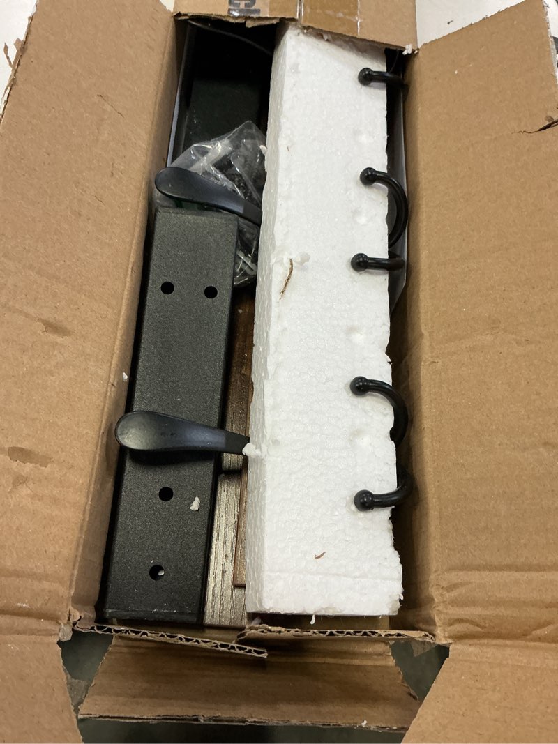 Condition photo showing As Is for homode rustic brown wall mount coat rack with shelf and 5 tri hooks, wood coat hangers for hanging hat, towel, purse, jacket