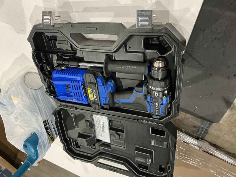 Condition photo showing As Is for kobalt xtr 24-volt 1/2-in keyless brushless cordless drill 1 -batteries included, and charger included