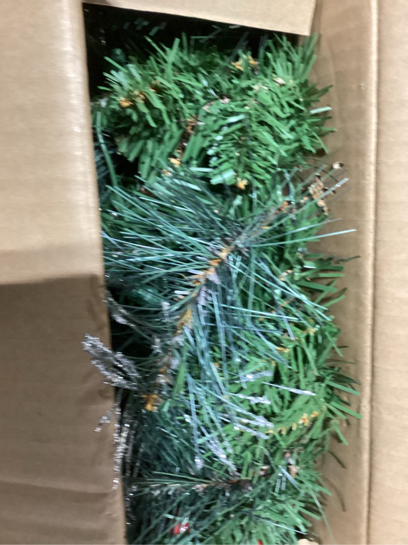 Condition photo showing As Is for National Tree Company 24 in Pre-Lit Crestwood Spruce Artificial Christmas Wreath, Christmas Decoration with Glitter, Pinecones, Red Berries, 50 Clear Lights, 160 Tips, Green 24 in Plug In Wreath