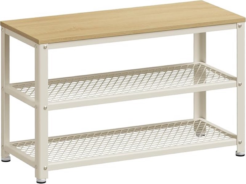 vasagle 3-tier shoe rack, shelf storage bench with metal mesh shelves and seat, free standing shoe organizer for entryway, 11.8 x 28.7 x 17.7 inches, oak beige and classic white