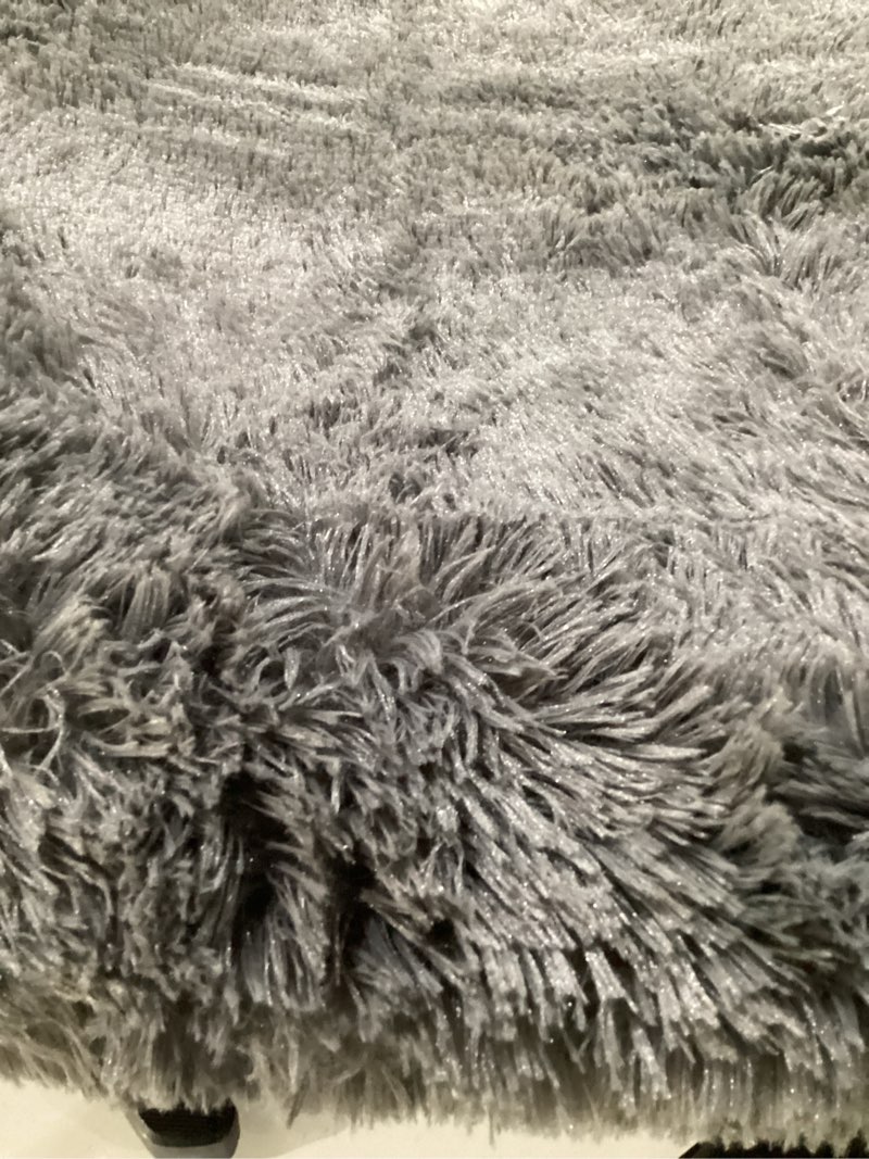 Condition photo showing As Is for Amazon Basics Fluffy Washable Round Area Rug, Circle Shaggy Carpet for Living Room, Bedroom, Nursery, 5'R, Dark Gray Dark Grey 5' (Round)