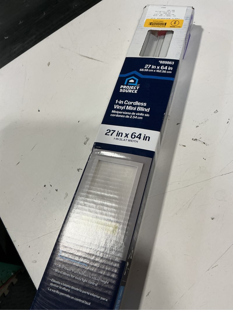 Condition photo showing Good Condition for project source light filtering 1-in slat width 27-in x 64-in cordless white vinyl light filtering mini-blinds