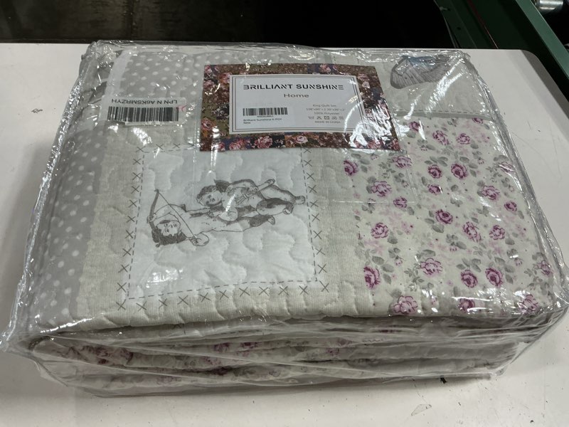 Condition photo showing New/Like New for brilliant sunshine grey cupid and pink roses quilt twin size, patchwork design bedding set with sham, reversible bedspread, soft lightweight coverlet for all seasons (68"x90") pink grey quilt set twin