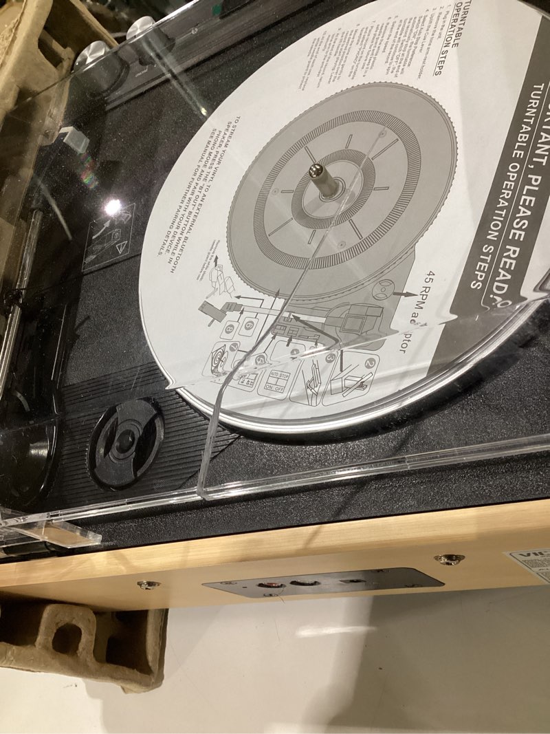Condition photo showing As Is for (TOP IS DAMAGED) Victrola Eastwood – Bluetooth Record Player – 3-Speed Turntable, Premium MM Cartridge, Vinyl Stream for Wireless Streaming, Removable Dust Cover, Built-in Speakers (Bamboo) Bamboo Eastwood