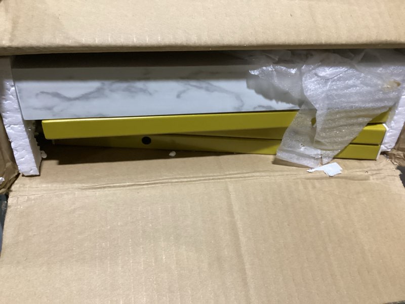 Condition photo showing As Is for YITAHOME Gold Console Table with LED Lights, White and Gold Entryway Table, Modern Narrow Sofa Side Foyer Accent Table with Faux Marble Top Luxury for Entry Way, Hallway, Living Room