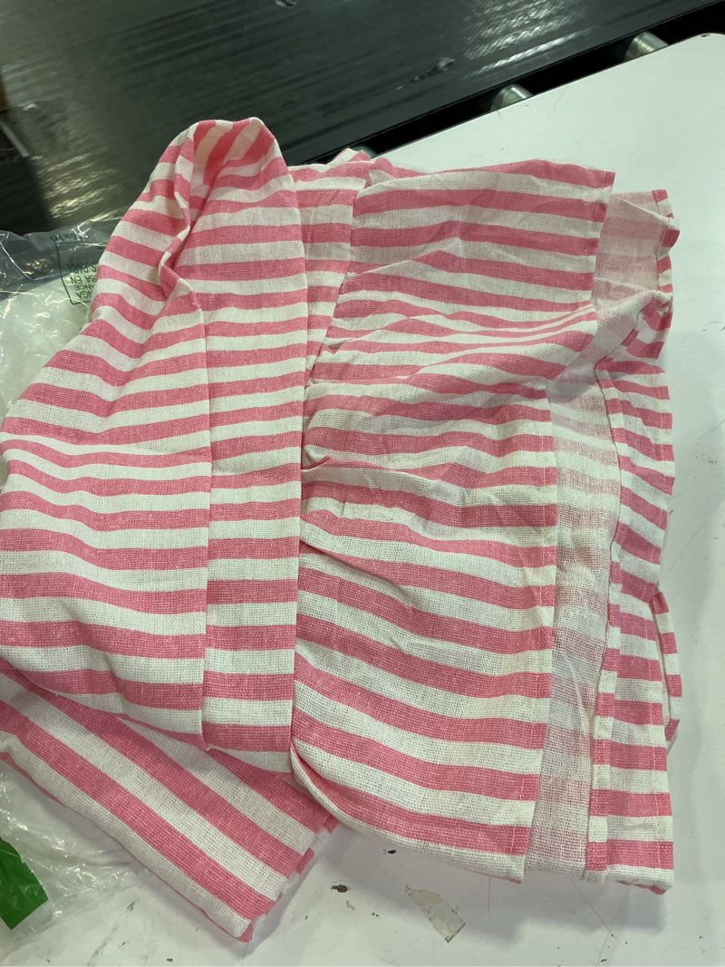 Condition photo showing Good Condition for mindsoft pink striped ruffled tablecloth 70 x 52 inches cotton linen rectangle striped table cloth classic farmhouse vintage table cover decorative pattern for holiday party pink 52" x 70" (rectangular) rectangular