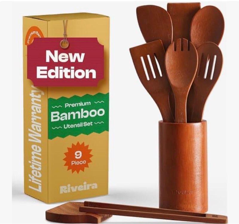 riveira natural bamboo wooden cooking utensils set of 8 premium quality non-toxic wooden spoons and spatulas for cooking