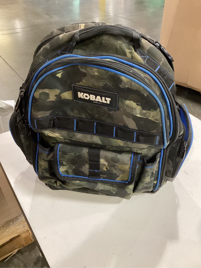 Condition photo showing As Is for kobalt blue black polyester 13.5-in w x 7.5-in d x 18-in l backpack