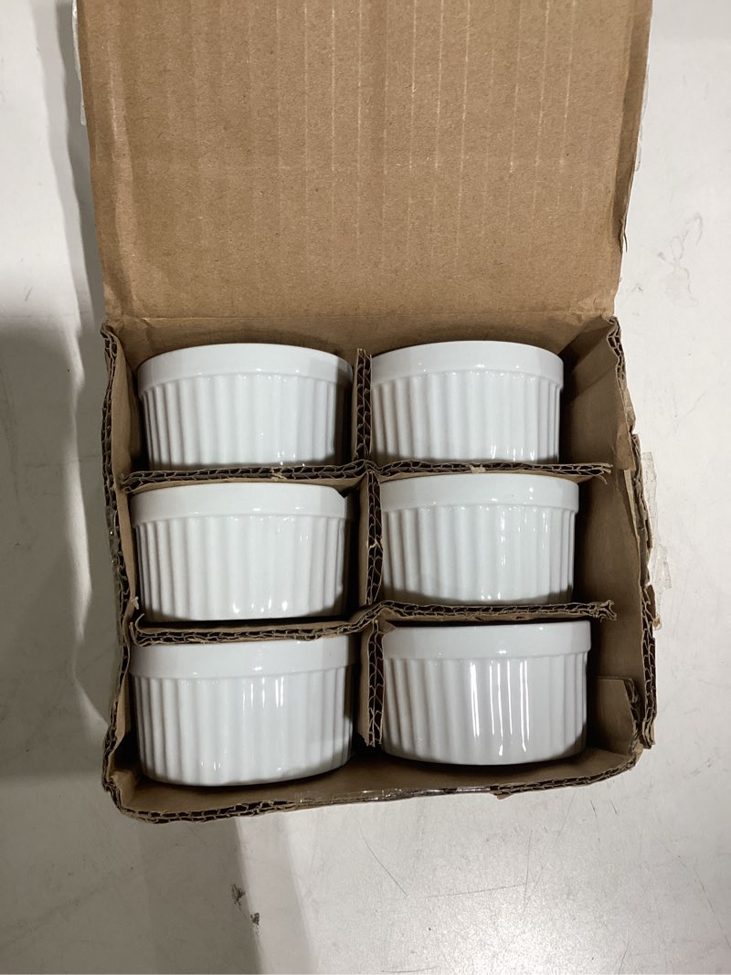 Condition photo showing As Is for hic kitchen souffle ramekin, fine porcelain, for baking custards, souffles, condiments, and desserts, 3-ounce capacity, set of 6 3-ounce, set of 6