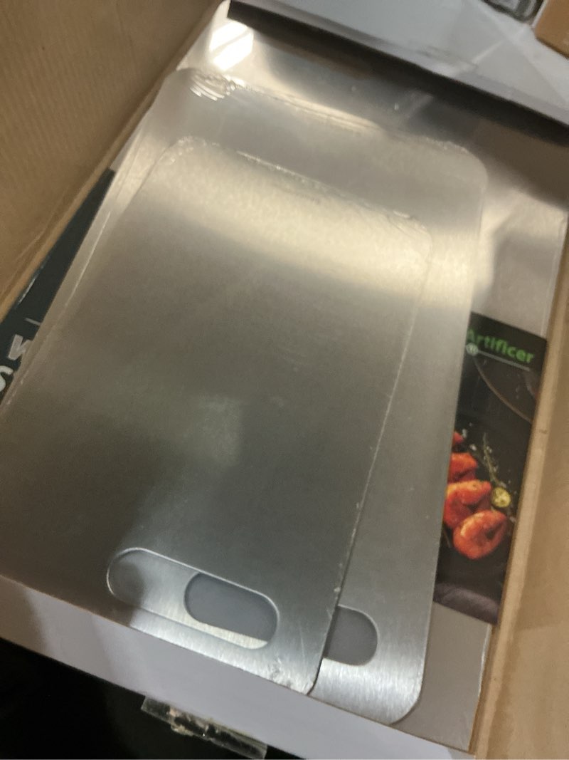Condition photo showing New/Like New for titanium cutting boards set of 3, 100% pure titanium kitchen cutting board, double-sided non-toxic cutting board, ideal for slicing and dicing meats, features handle, dishwasher safe silver 16"l*10"w(s+m+l)