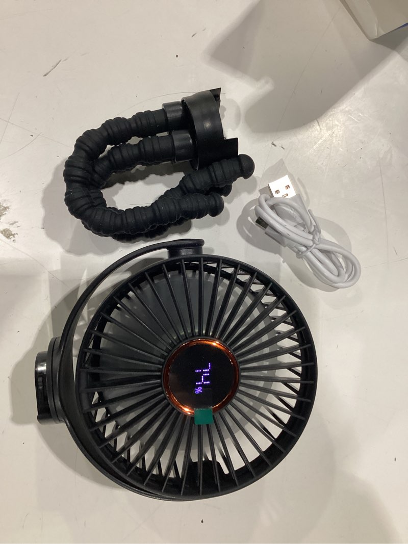 Condition photo showing New/Like New for portable stroller mini fan, small rechargeable personal fan, baby travel essentials for wagon, car seat, treadmill, battery powered biking gear accessories, 360° rotation, 3-speed, display, black