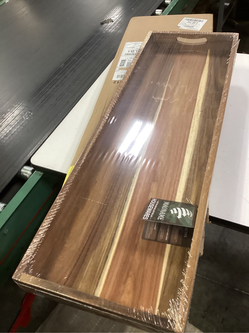 Condition photo showing New/Like New for MAONAME Extra Large Acacia Wood Serving Board with Handles, 36 x 12 inches Wooden Ottoman Tray, Rectangular Charcuterie Platter for Meat, Cheese Board, Extra Long 3ft 36" x 12" x 2.6" Brown