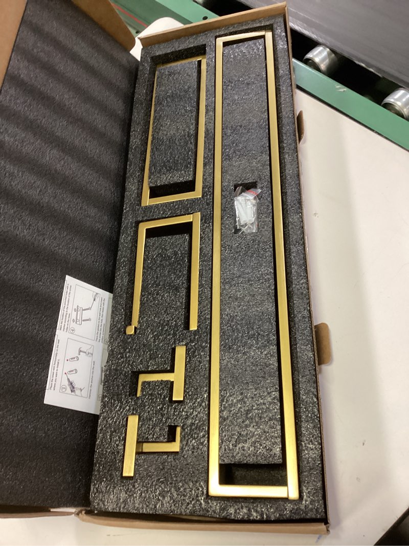 Condition photo showing New/Like New for TNOMS Brushed Gold 5-Pieces Bathroom Hardware Set Towel Bar Set,Stainless Steel Bathroom Hardware 23.6 Inch Towel Bar Towel Holder Set Wall-Mounted Gold C