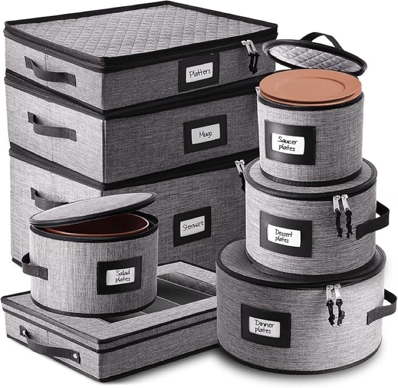 storagebud china storage containers hard shell, 8 piece flatware & utensil with mug storage, wine glass 4 dish platter case, padded dinnerware containers, (sb-hds-09)