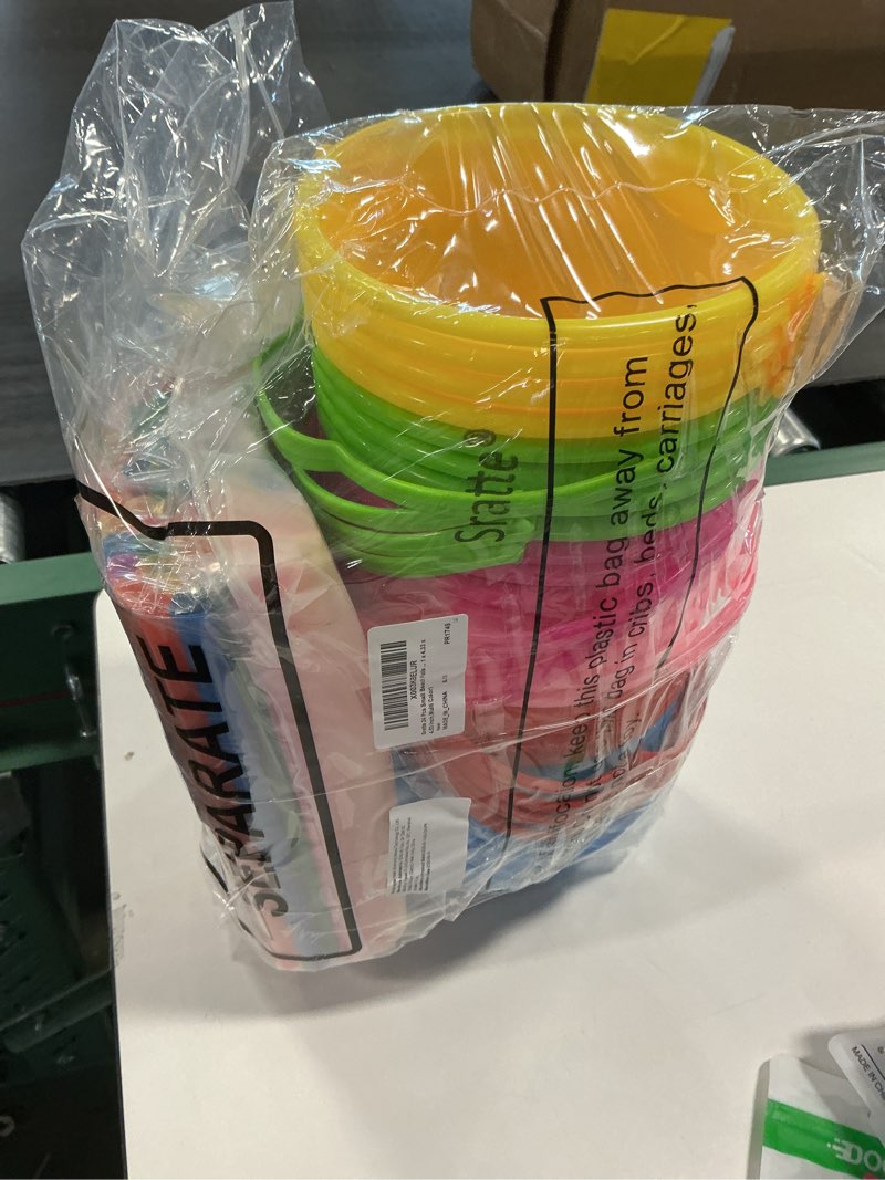 Condition photo showing New/Like New for Sratte 24 Pcs Small Beach Pails Sand Buckets with 100 Disposable Straws Plastic Bucket with Handle for Summer Holiday Birthday Beach Party Favors(6.1 x 4.33 x 4.53 Inch,Multi Color)