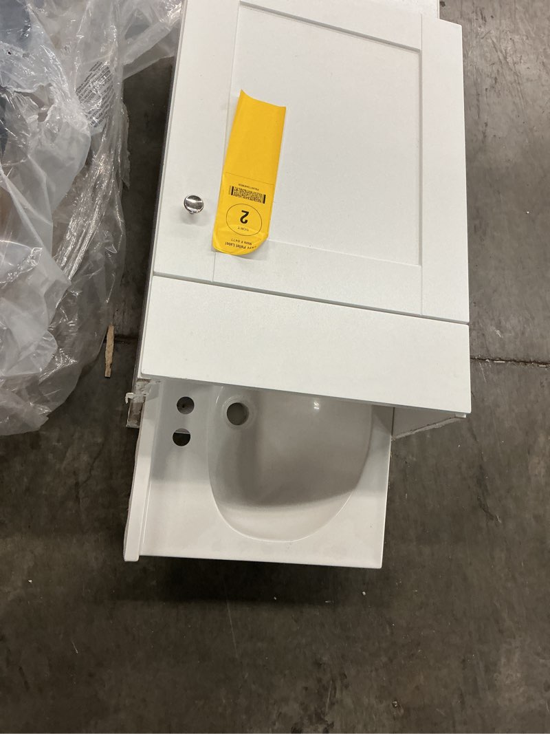 Condition photo showing As Is for project source dover 18-in true white single sink bathroom vanity with white cultured