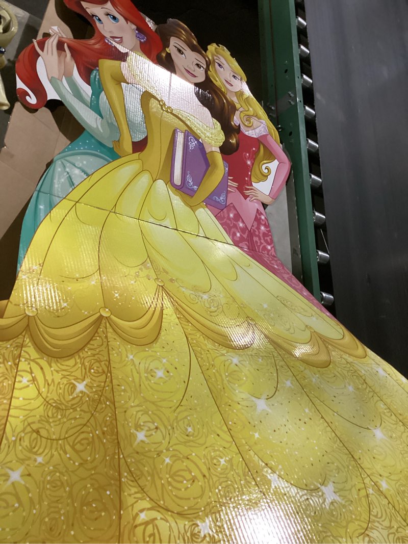 Condition photo showing New/Like New for this cardboard cutout showcases a group of three beloved disney princesses: ariel, belle, and aurora, as part of the disney princess friendship adventures collection.