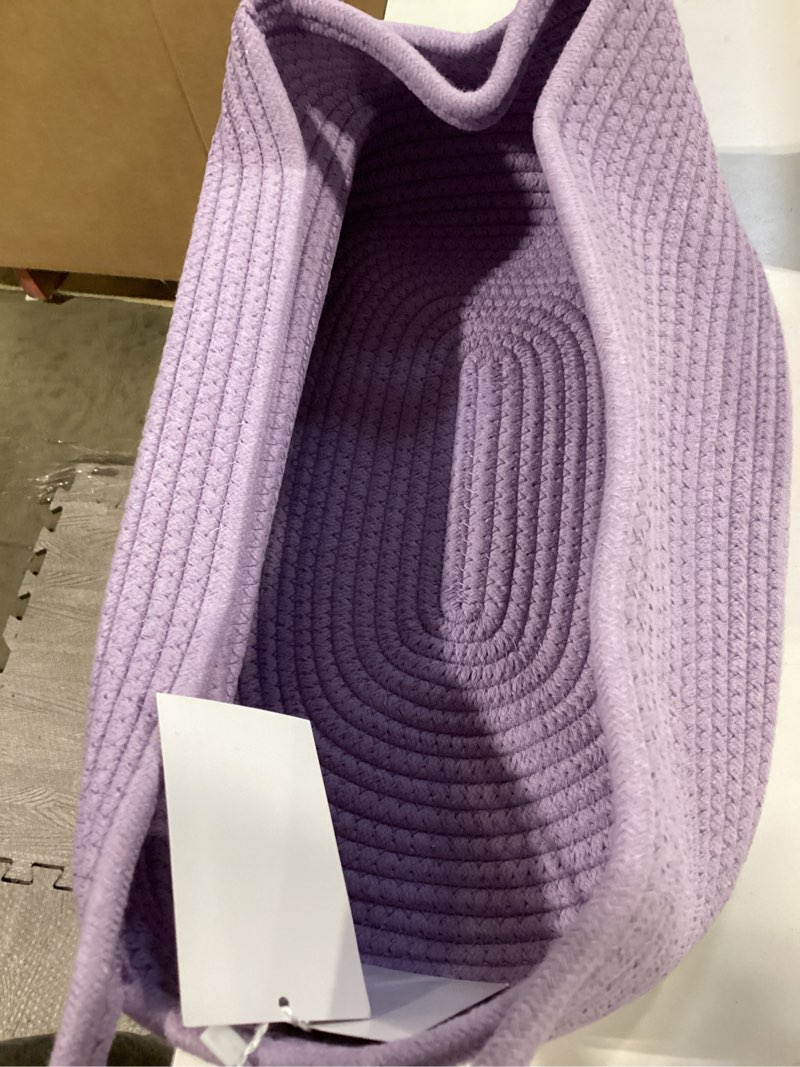 Condition photo showing Good Condition for megasket purple woven basket, 13.5” x 10” x 6” purple empty gift basket to fill, decorative cotton rope storage bin for organizing, cute baby nursery organizer, rectangle dog toy bin, room decor