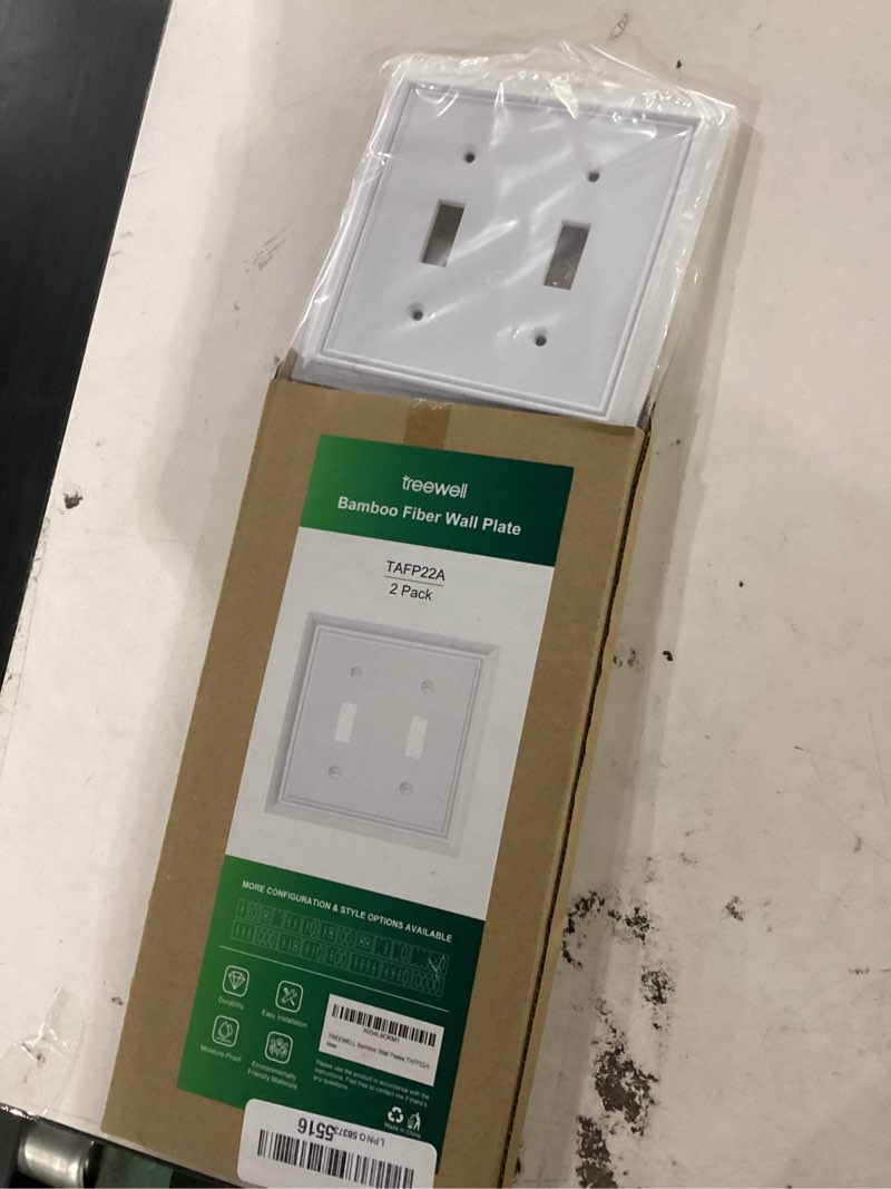 Condition photo showing New/Like New for 2-pack double toggle light switch cover plate, durable natural bamboo fiber decorative switch plate covers, pure white 2 gang wall plate, corrosion resistant 2 toggle 2pk pure white