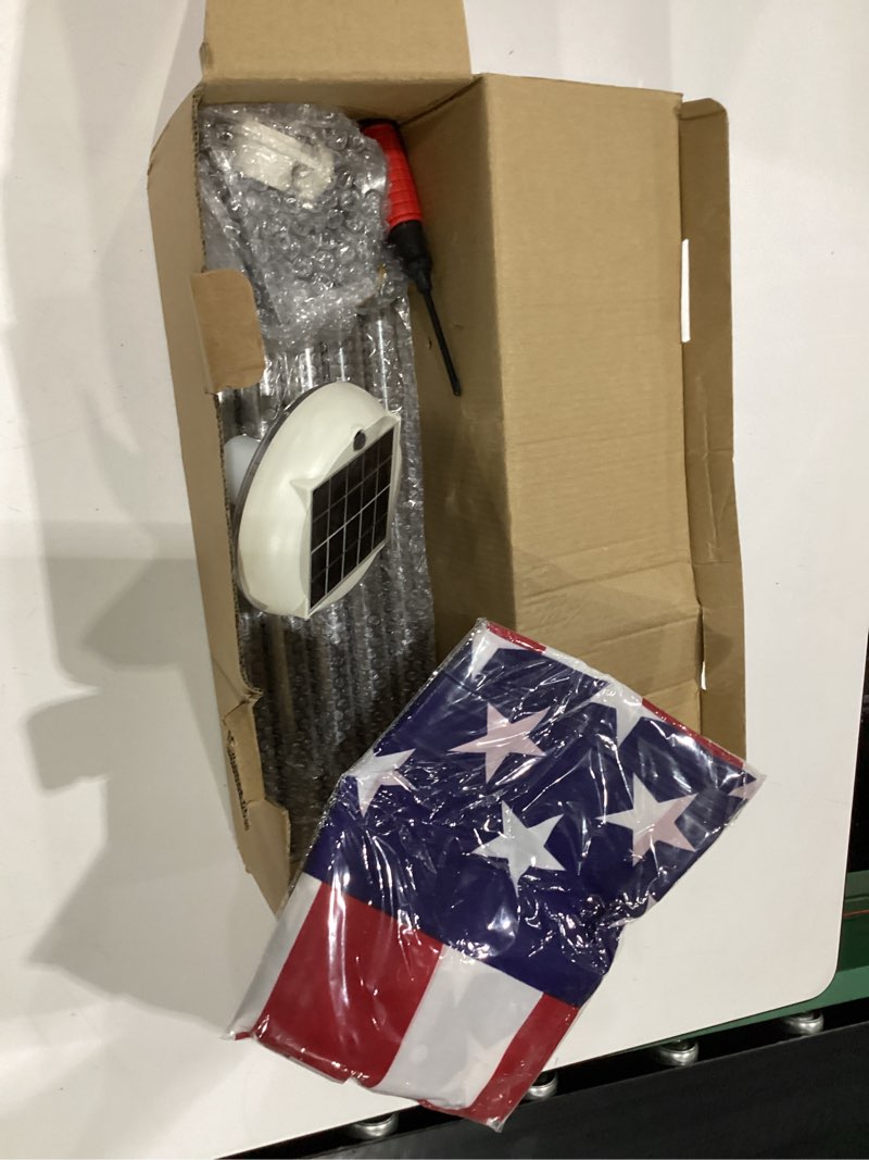 Condition photo showing New/Like New for 6ft flag pole kit for outside house with solar light, 3x5ft american flag with pole, 1" dia. stainless steel flagpole, wall mount adjustable flag holder for porch, outdoor, silver, 36 led