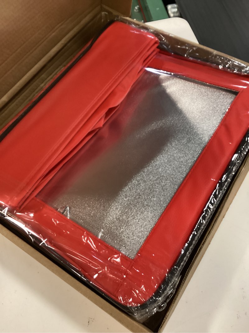 Condition photo showing New/Like New for outxe 2 pack 9x13 in foil pan carrier with lid, pu leather foil pan holder with handle, serving tray for food, stackable aluminum pan holder, for travel, potlucks, parties, bbq, picnics, home (red)