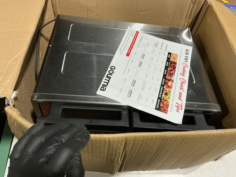 Condition photo showing Good Condition for Gourmia French Door Air Fryer Oven - 37 Qt Large Capacity Convection Toaster Oven, FryForce 360°, Digital Display, 12 Cooking Presets, Dehydrate, Fits 13” Pizza, Dishwasher-Safe, Stainless Steel Silver