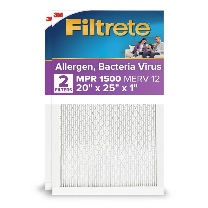 filtrete 20x25x1 hvac furnace air filter, mpr 1500 merv 12, allergen, bacteria and virus, 2 filters