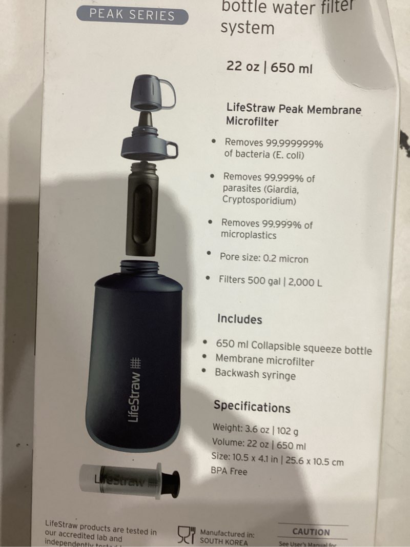 Condition photo showing New/Like New for LifeStraw Peak Series - Collapsible Squeeze Bottle Water Filter System – 650ml for Trail Running, Through Hiking, Travel, Cycling, and Fishing; BPA-Free; Mountain Blue