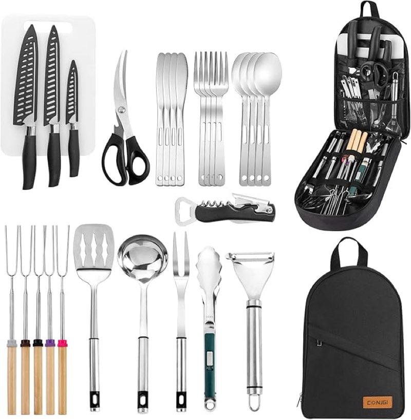 conjgi portable camping kitchen accessories set - 28 pcs outdoor camping cookware set stainless steel camping cooking utensils set for outdoor bbq rv party (black)