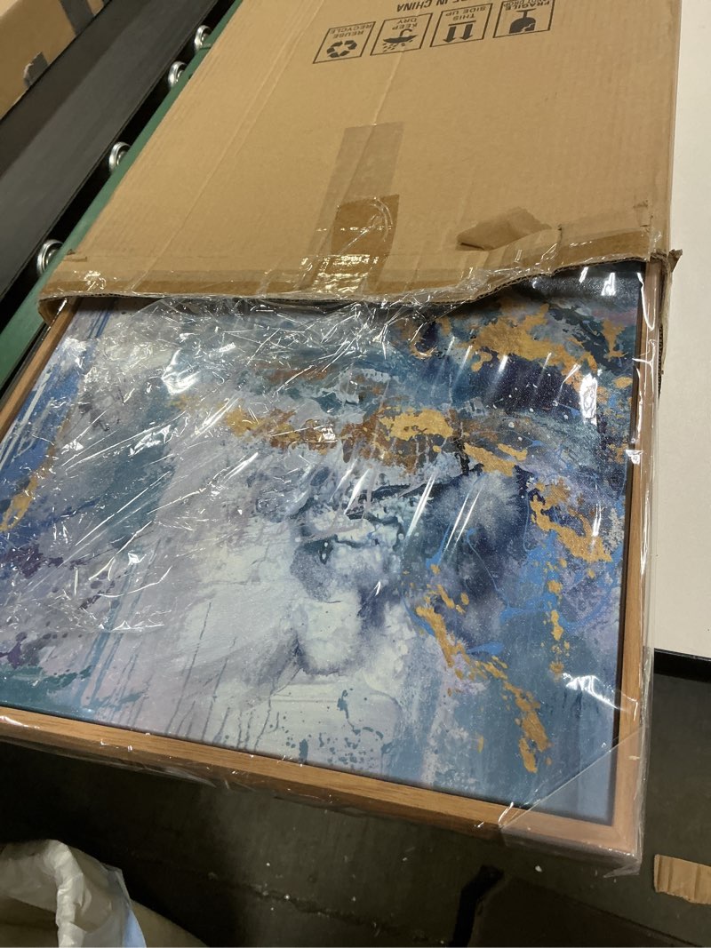 Condition photo showing Good Condition for arteWOODS Abstract Framed Wall Art - Blue Gold Splashes Canvas Pictures Wall Decor Modern Dynamic Painting Artwork Prints for Living Room Bedroom Home Decor 24 x 16in * 3 Natural Wood Frame Blue Gold Abstract Splashes Framed 24"L x 16"W