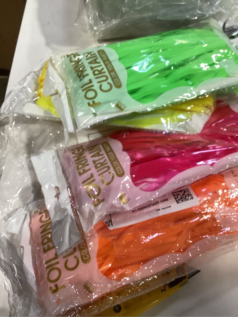 Condition photo showing New/Like New for glow in the dark party supplies - 4pack neon party decoration uv reactive tinsel foil fringe table skirts, 31.5" x 118" fluorescent neon streamers for birthday, rave, blacklight, glow event