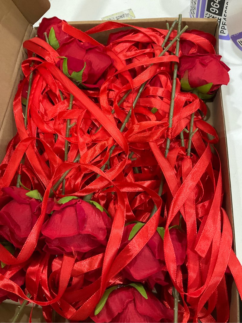 Condition photo showing New/Like New for 24 Pcs Valentines Day Decorations Artificial Rose Hanging Flowers with Bows String and Hooks Artificial Rose Flower Streamer Banner for Valentine Engagement Bridal Shower Party Decorations