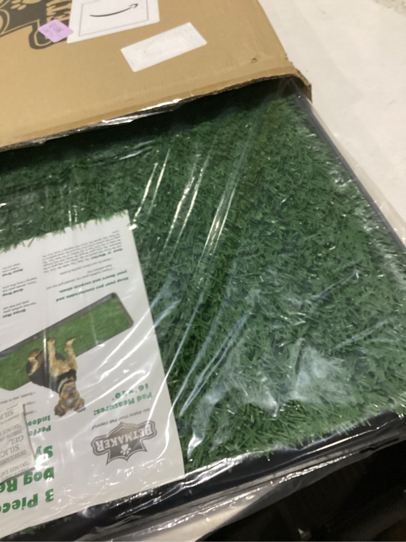 Condition photo showing As Is for artificial grass puppy pad with tray 16x20 inch | reusable indoor & outdoor dog potty training mat system | washable fake grass pet housebreaking pad for puppies & small to medium dogs by petmaker small 3-layer system