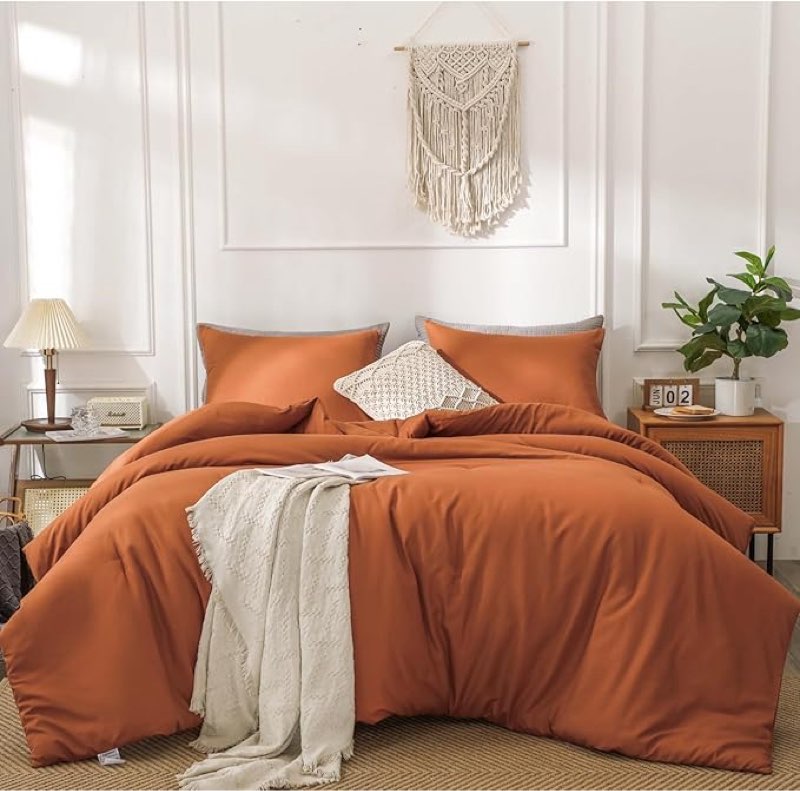HAOWANER Handcrafted Non-Migrating Fill Burnt Orange Comforter King Size Set, Orange Comforter Set King, Orange King Size Comforter Set,Boho Comforter Set King, Boho King Comforter Set,King Bed Set