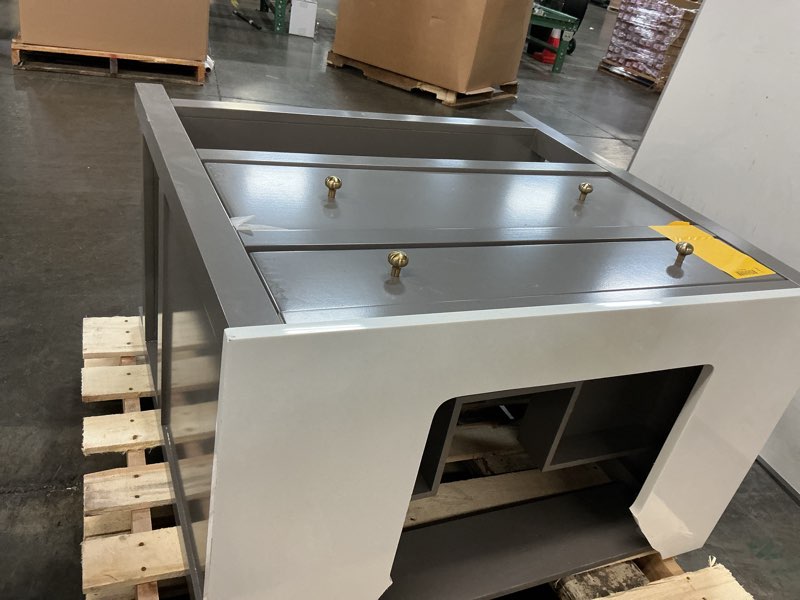 Condition photo showing As Is for gray semi-recessed bathroom vanities with tops